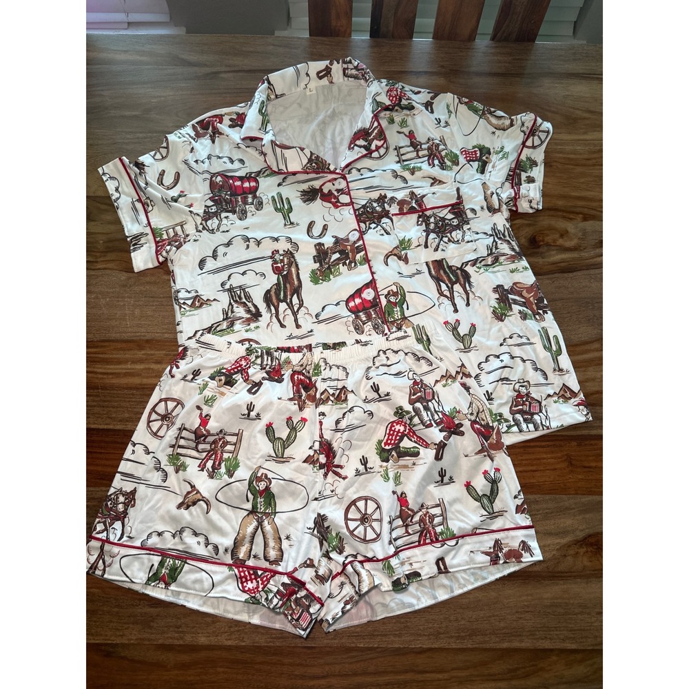 Western Cowboy Print Pajama Set White Red Satin Short Sleeve Shorts Womens L